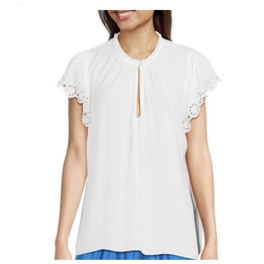 Ramy Brook Hermine Ruffle Trim Lace Eyelet‎ Blouse White Delicate Sheer Flowy